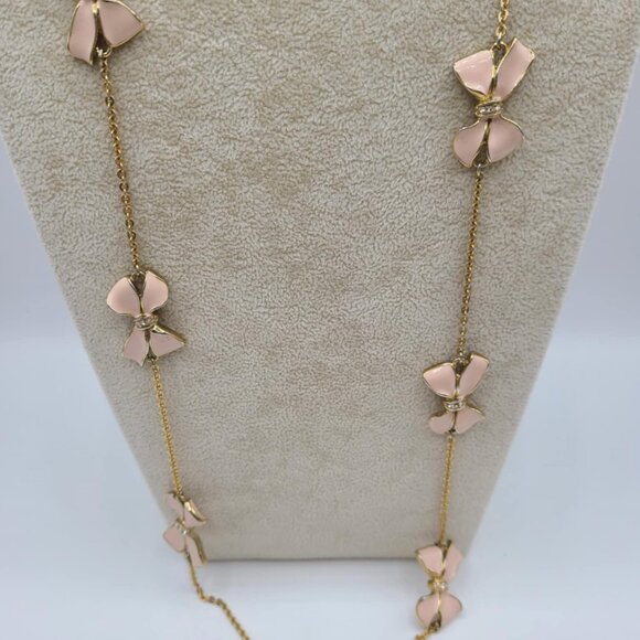 J Crew Pink Enamel Long Bow Station Necklace with small Clear Crystals - Picture 9 of 12